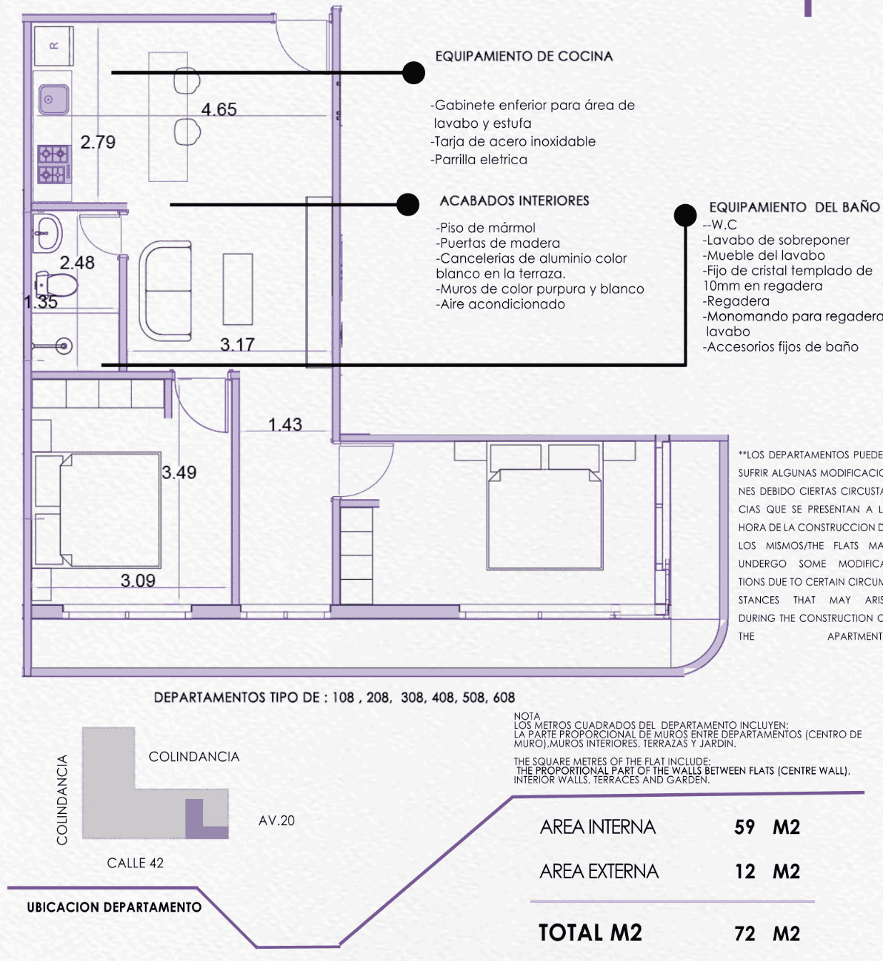 Plano arquitectónico del departamento de 72 m² en Purple Savage Playa del Carmen, con dos recámaras, baño completo y terraza exterior.